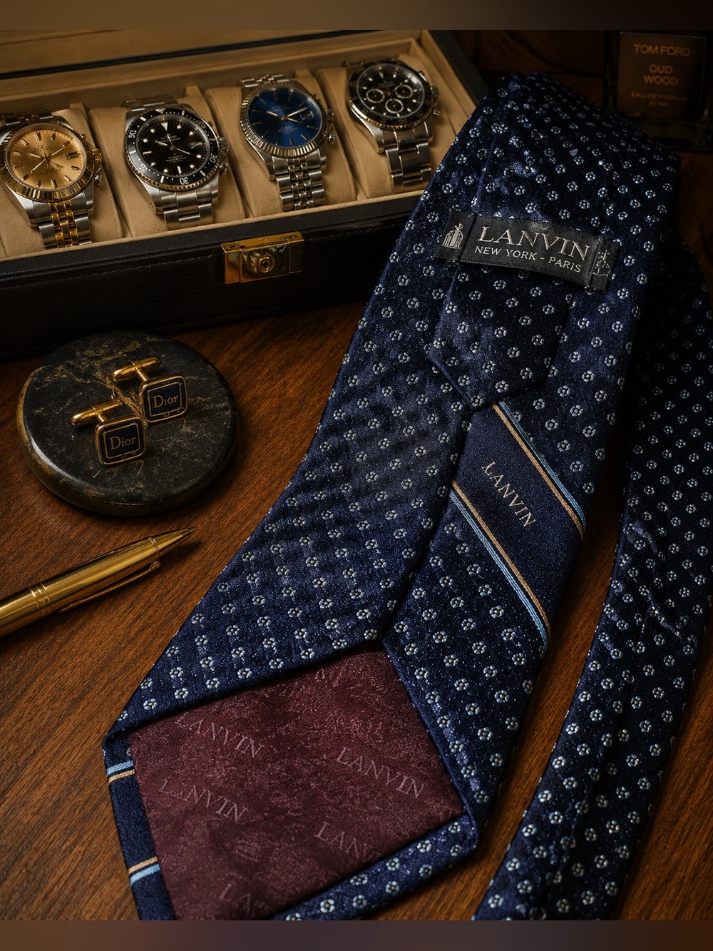 Vintage Lanvin New York Paris Silk Tie Navy Geometric Luxury Designer Necktie